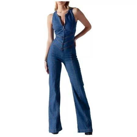 Huresd Women Denim Jumpsuit High Waist Slim Fit Flare Sexy Jumpsuit Long Pants Jumpsuits for Women Blue M | Walmart (US)