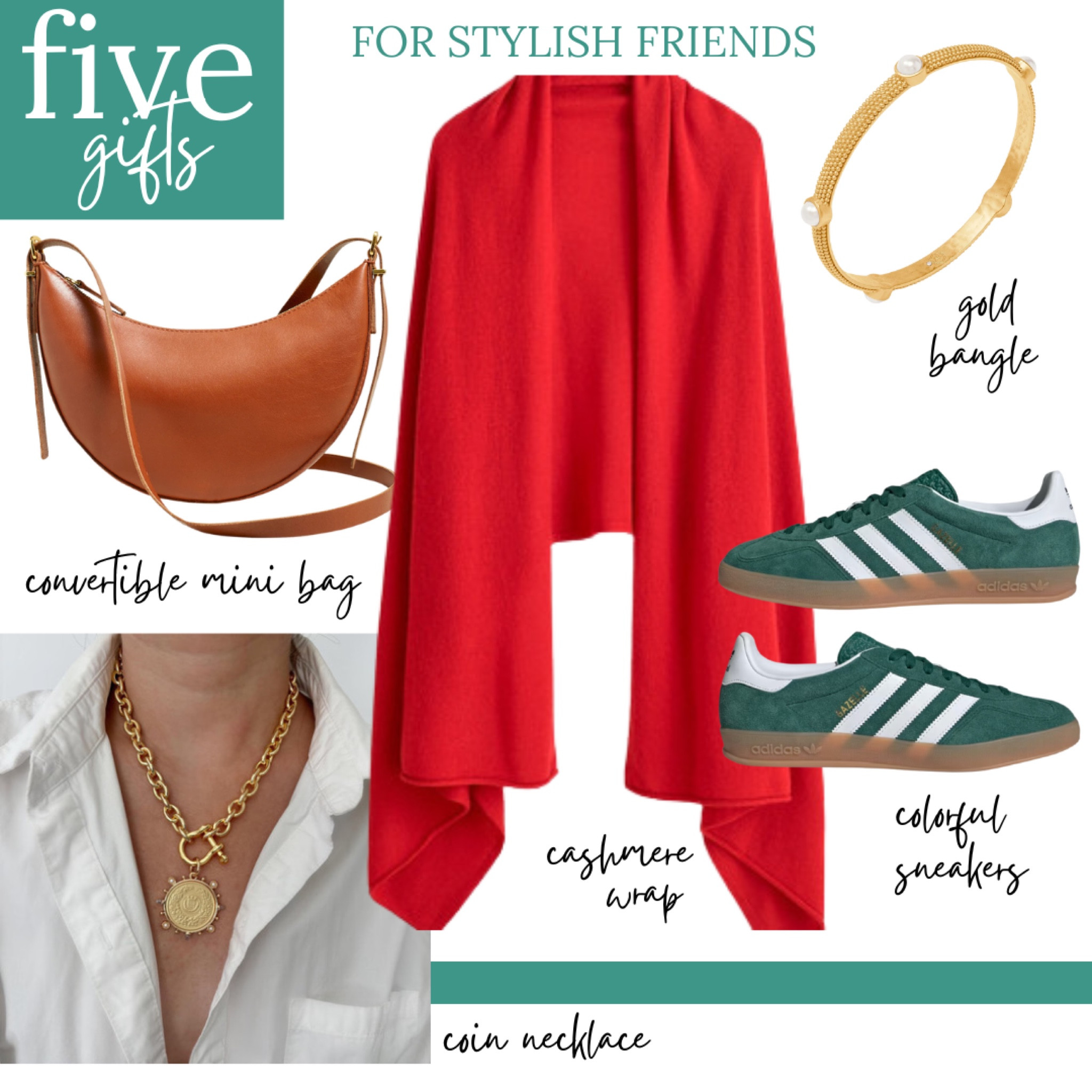 5️⃣ gifts for stylish friends

Cashmere wrap, coin, necklace, gold, bangle bracelet, Adidas, gazelle, sneakers, mini Crossbody bag

#LTKHoliday #LTKCyberWeek #LTKGiftGuide