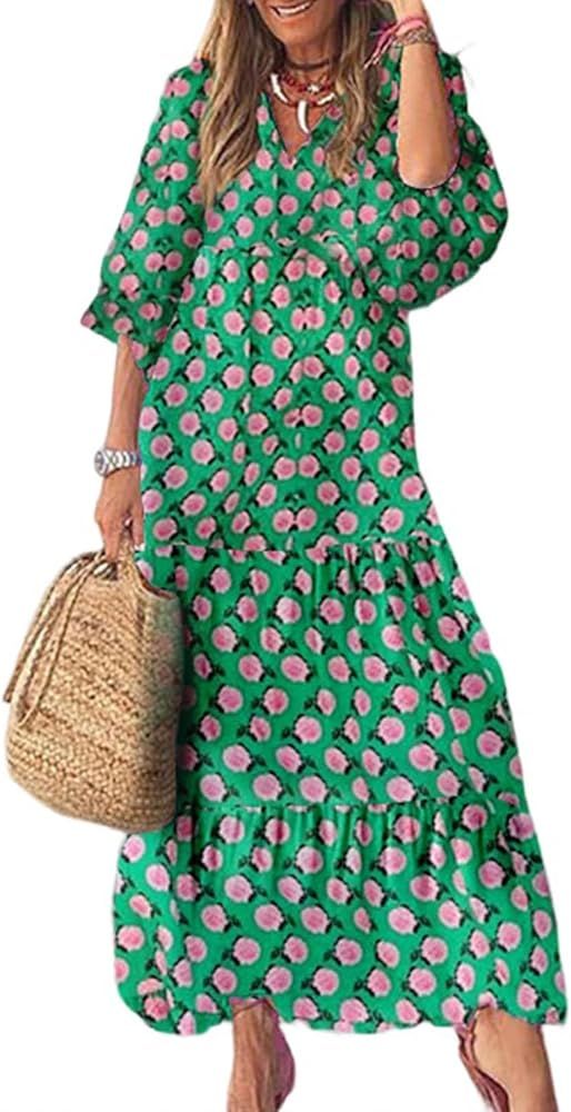 Dokotoo Women Boho Maxi Dresses 2023 V Neck Long Puff Sleeve Smocked Ruffle Flowy Casual Dress | Amazon (US)