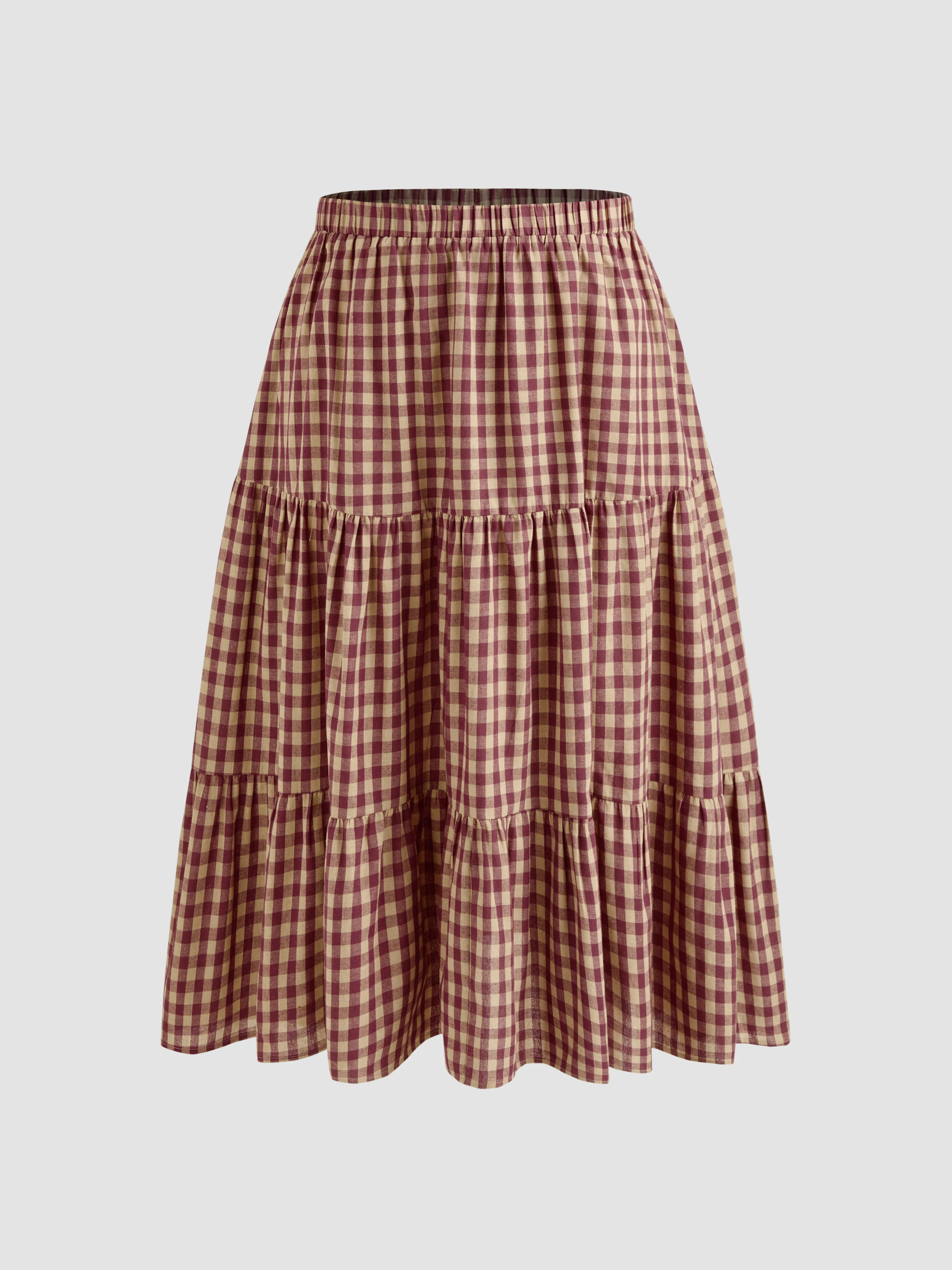 Woven Cotton Cotton-blend Mid Rise Check Layered Maxi Skirt Curve & Plus For Daily Casual | Cider