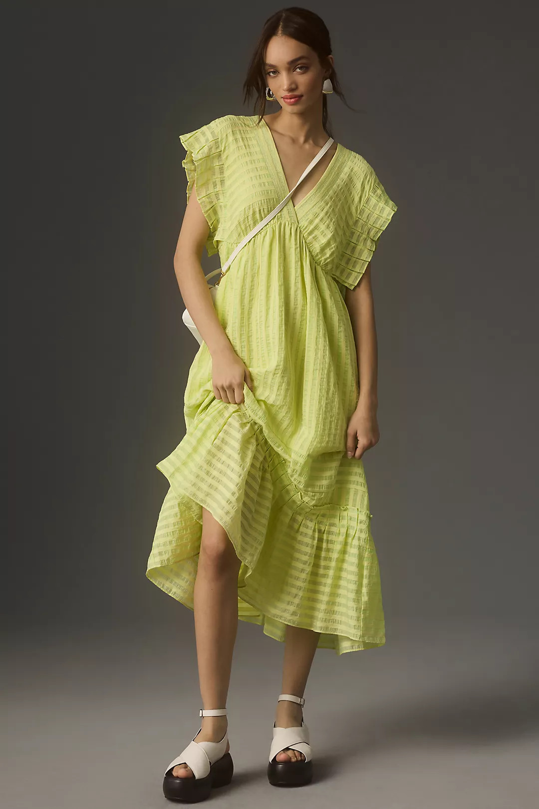 By Anthropologie Flutter-Sleeve V-Neck Midi Dress | Anthropologie (US)