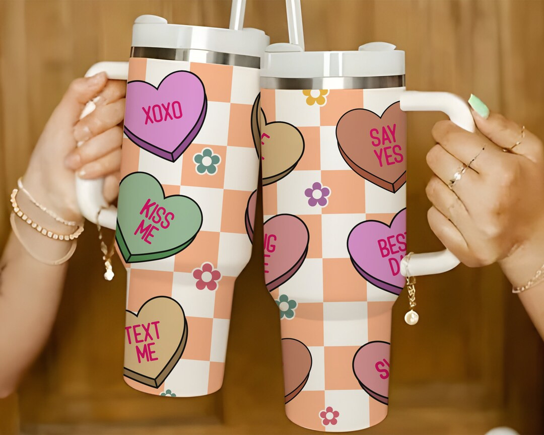 Valentines Conversation Hearts Tumbler 40oz, Valentines Groovy Retro Cup, Valentine's Day Tumbler... | Etsy (US)