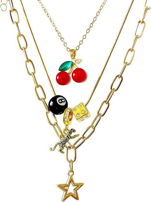 JWIGP 3pcs Cherry 8 Ball Necklace Set for Women, Gold Leopard Dice Star Charm Pendant Y2K Stackab... | Amazon (US)
