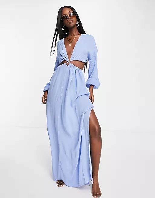 ASOS DESIGN cut-out lattice waist maxi beach dress in blue | ASOS (Global)