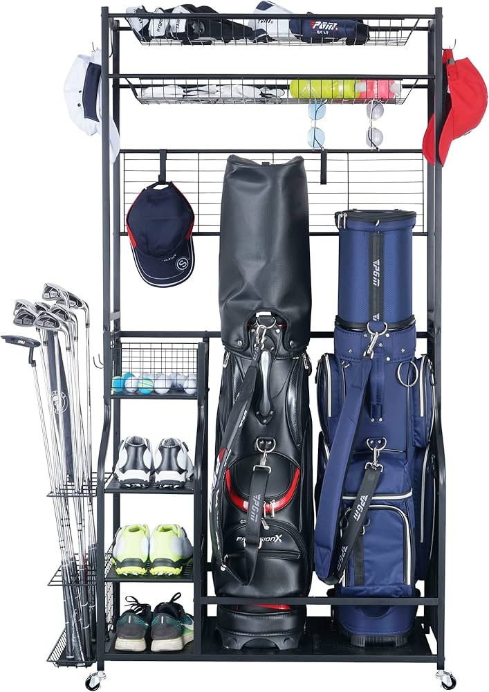 Mythinglogic Golf Bag Storage Garage Organizer,2 Golf Bags Storage Stand and Golfing Equipment Ac... | Amazon (US)