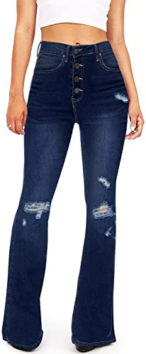 Women's High Waisted Bell Bottom Jeans for Women Flare Jeans Womens Ripped Stretchy Bell Bottoms Pants (Dark Blue, US 6) | Amazon (US)