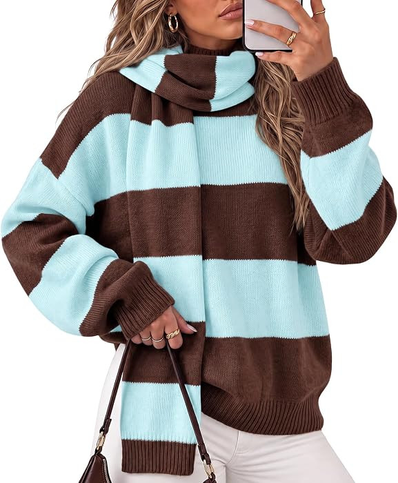 Cicy Bell Womens Striped Long Sleeve Sweaters Knit Fall Pullover with Scarf | Amazon (US)