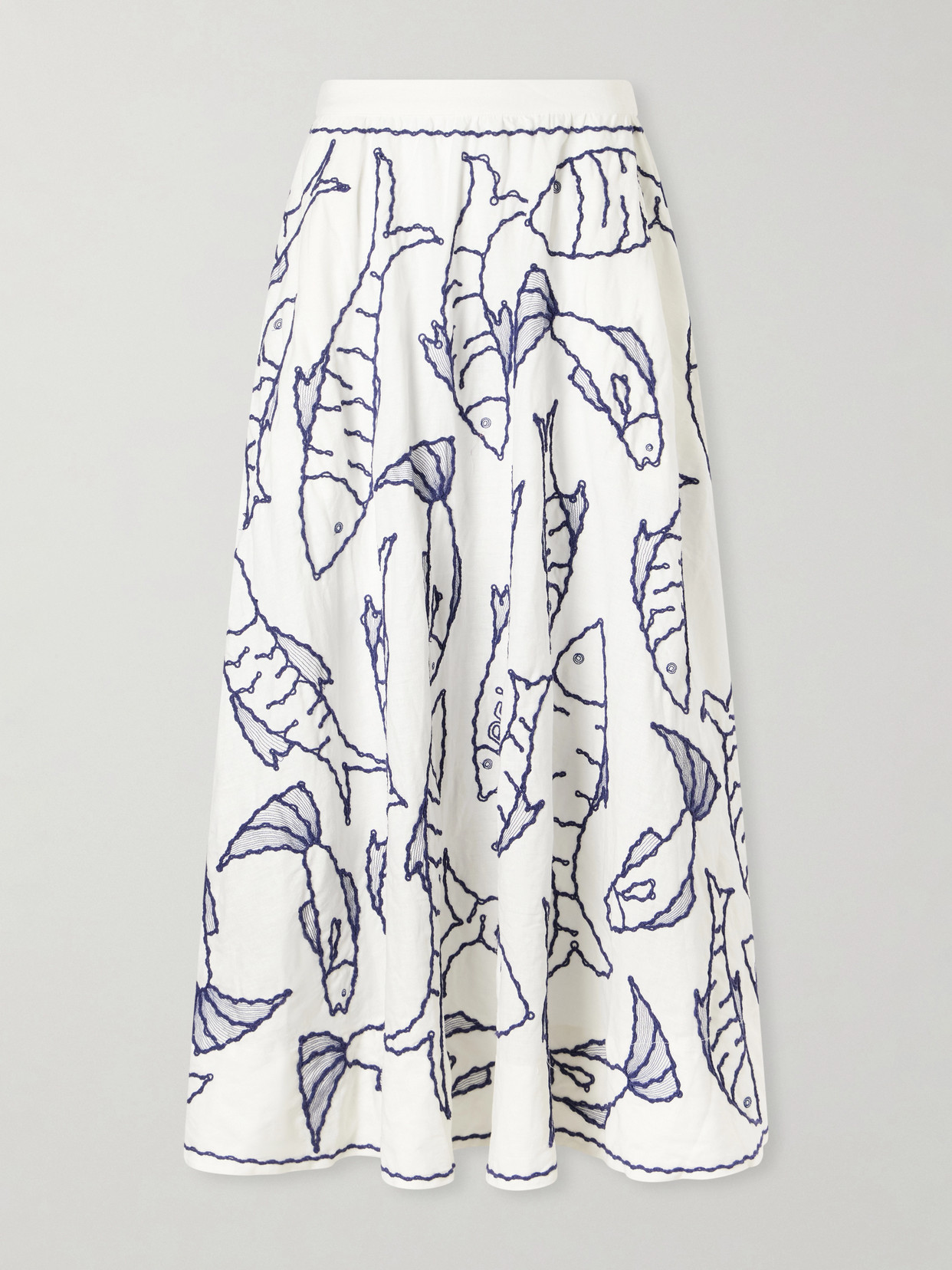 Farm Rio - Fresh Fish Embroidered Linen-blend Midi Skirt - Neutrals | NET-A-PORTER (US)