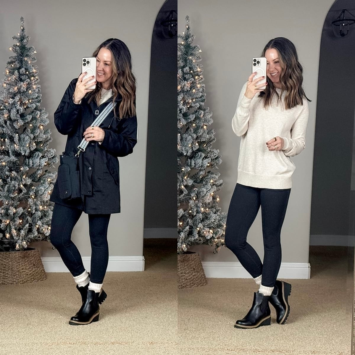Easy winter rainy everyday leggings outfit. Butterlift leggings XS 25", also comes in 28" I will link both. Soft crewneck basic pullover sweater small in solid almond. The best raincoat jancket small black. The best boot socks and chelsea boots 

#LTKmomlife #LTKOver40 #LTKSaleAlert