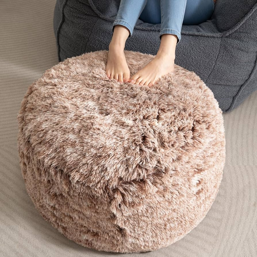 HIGOGOGO Round Stuffed Pouf Ottoman, Long Faux Fur Poufs with Foam Chunk Filling, Fluffy and Furr... | Amazon (US)