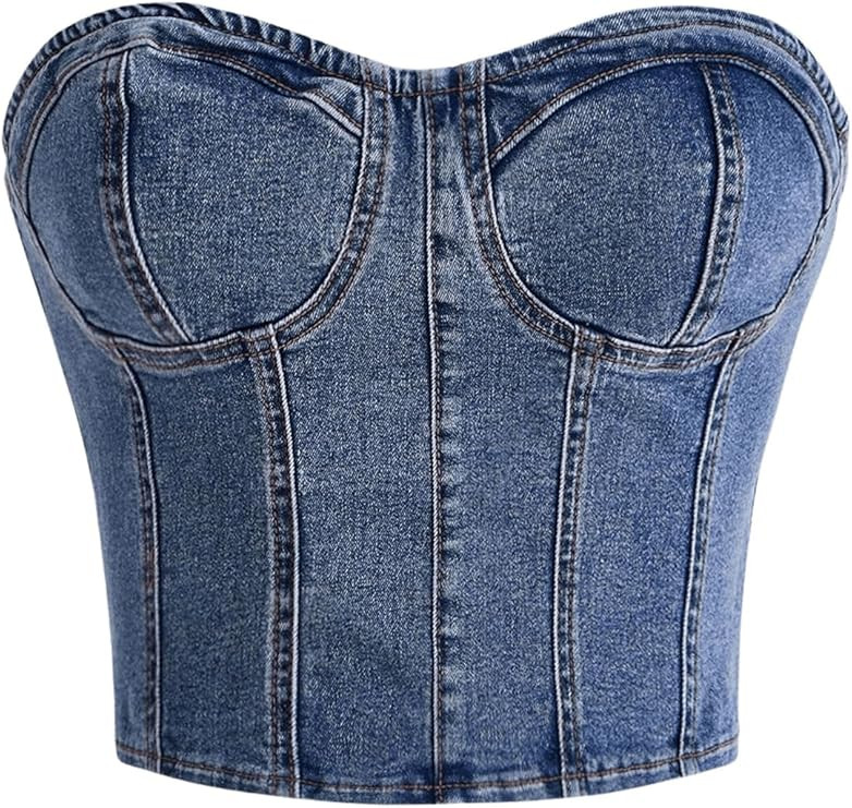 Floerns Women's Y2k Strapless Bustier Tube Sleeveless Bandeau Denim Crop Tops | Amazon (US)