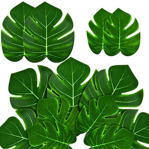 36 Pieces Artificial Tropical Palm Leaves for Jungle Safari Beach Hawaiian Luau Theme Birthday Party Table Decorations Faux Green Monstera Supplies for Wedding Large Fake Leaf Plant Decor with Stems | Amazon (US)
