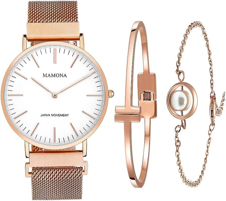 MAMONA Women's Rose Gold Quartz Watch Set Waterproof Wristwatch Ultra Thin L3881RGGT | Amazon (US)
