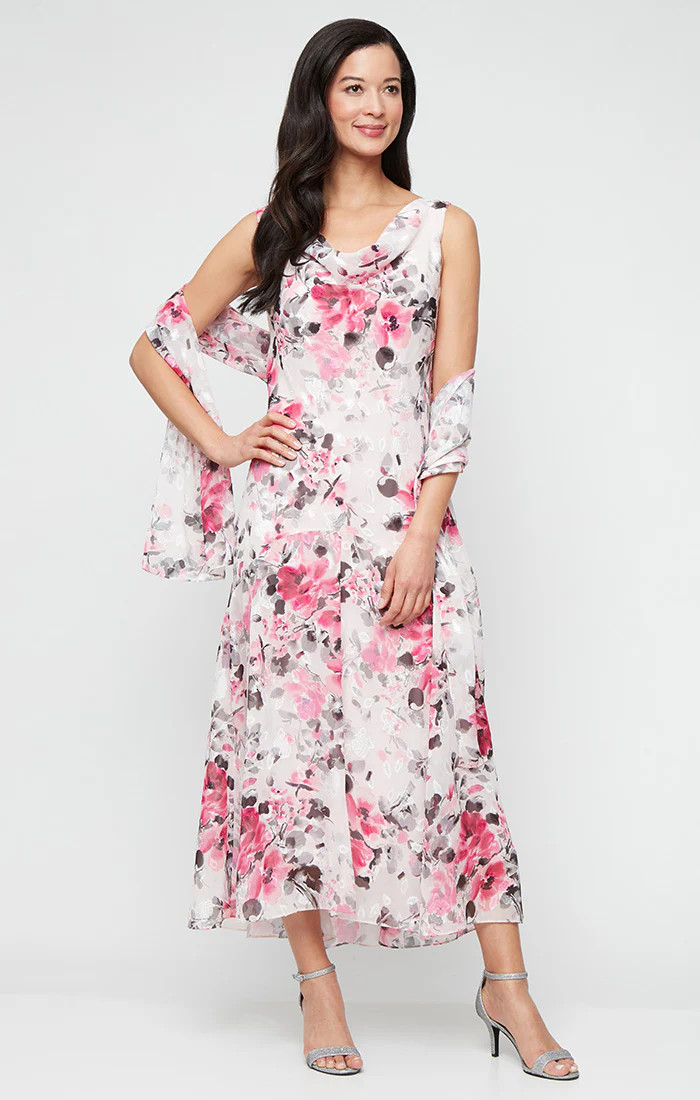 Tea-Length Floral Chiffon Cowl Neck Dress with High/Low Skirt and Shawl | Alex Evenings