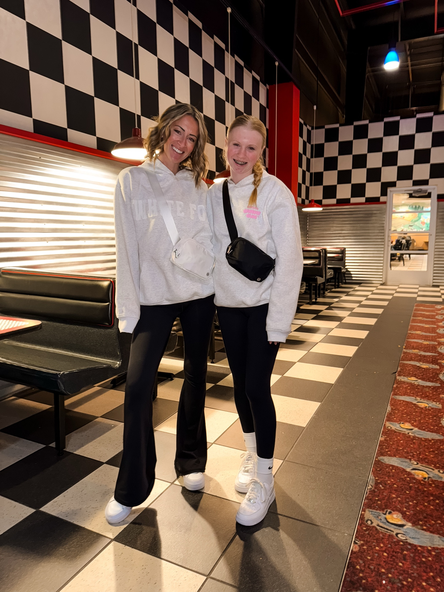 Casual weekend outfits
Black flare leggings and Nike platform lift court sneakers 
Lululemon everywhere belt bag 

Whitefox sweatshirt 