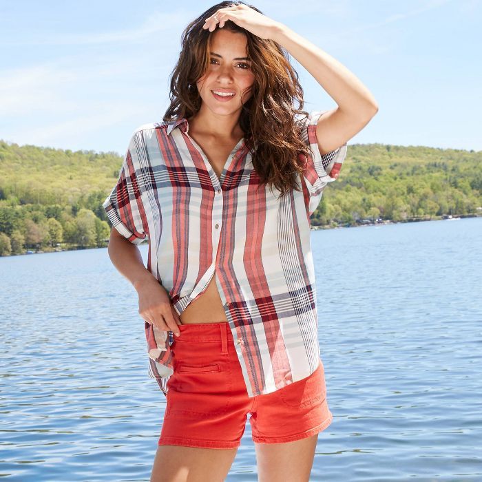 Women's Plaid Short Sleeve Collared Button-Front Shirt - Universal Thread™ Red | Target