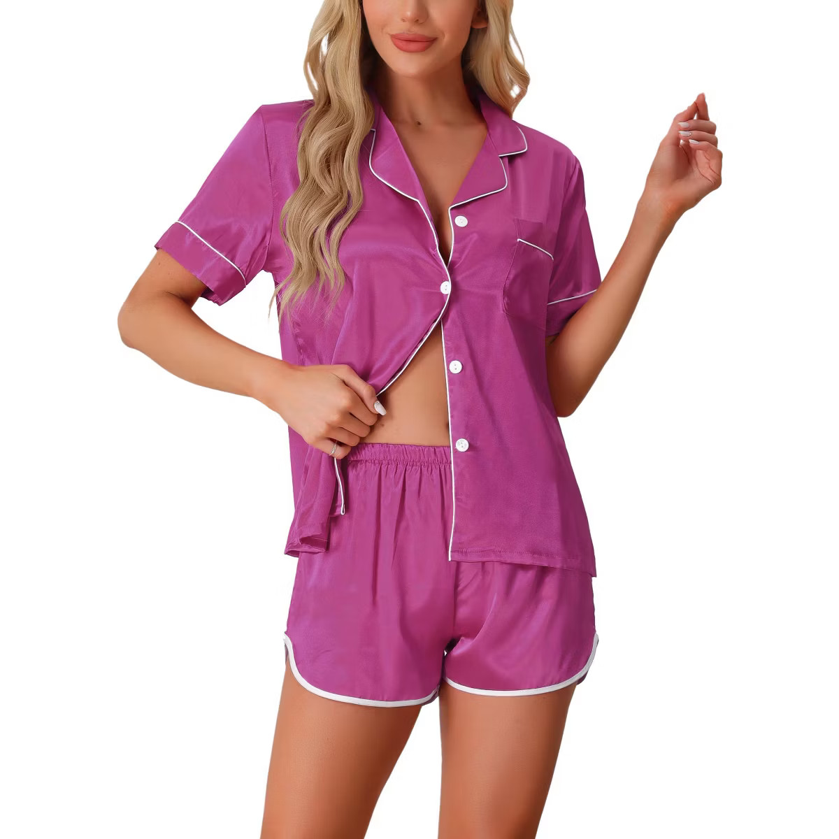 cheibear Women's Satin Silky Short Sleeve Button Down Loungewear Shorts Pajamas Set 2 Pcs | Target