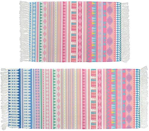 Lacomfy 2PC Cotton Area Rug Sets Pink Boho Printed Tassels Door Mat 2'x3'+2'x4.3' Hand Woven Outdoor | Amazon (US)