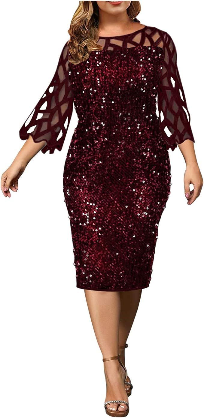 Woman Summer Fall Sheer Dress Sequin Sparkly Sexy Mesh Basic Oversized Long Sleeve Crewneck Midi ... | Amazon (US)