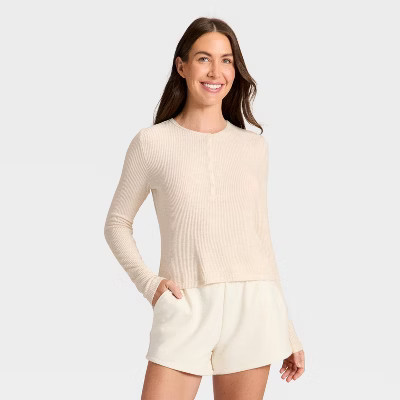 Women's Cozy Ribbed Long Sleeve Henley Pullover - Auden™ Oatmeal L | Target