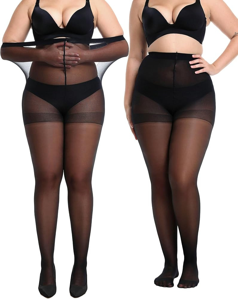Women's 2 Pairs Plus Size Sheer Tights for Women - 20D Queen Size Control Top Pantyhose with Rein... | Amazon (US)