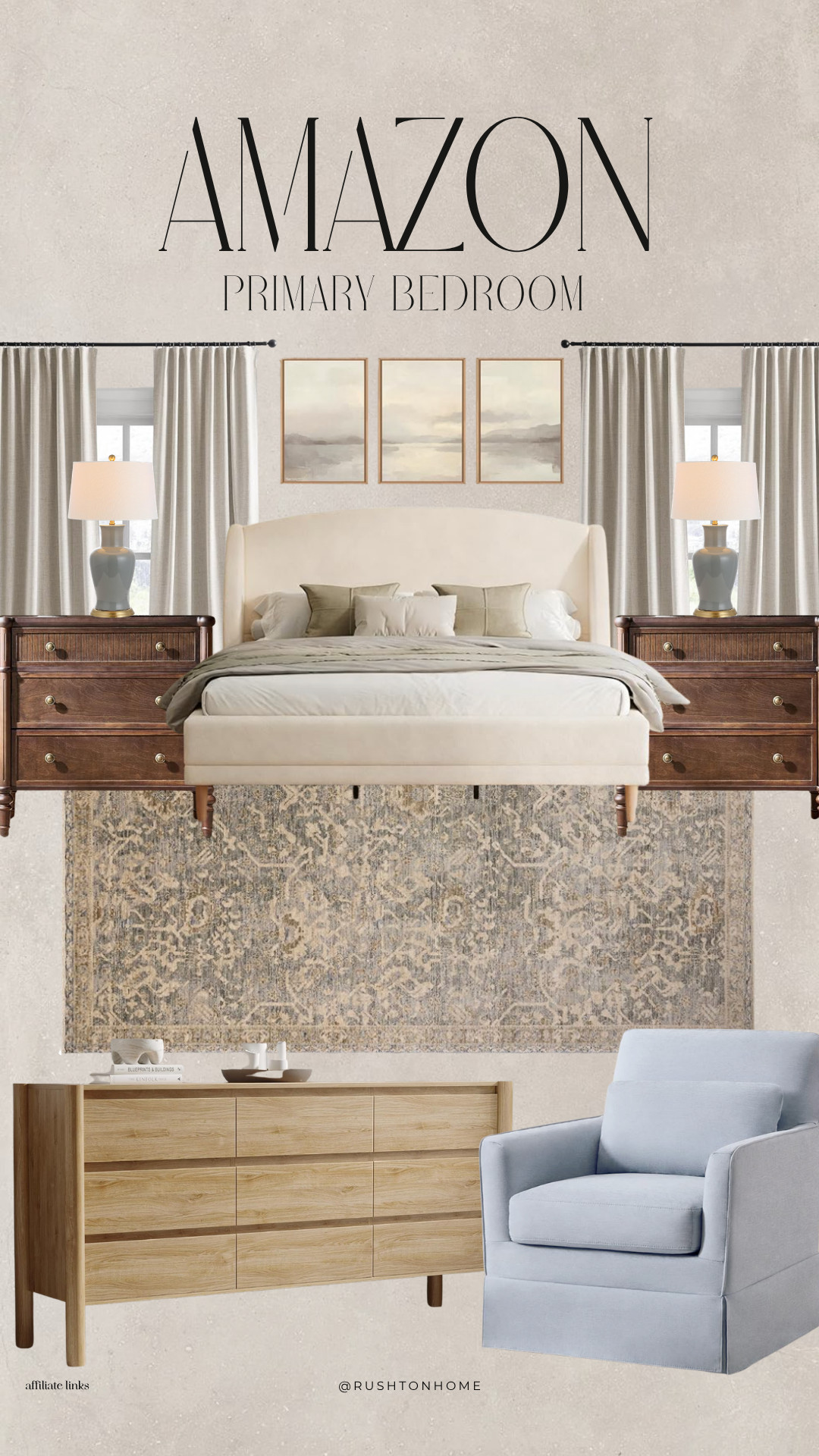 Amazon bedroom furniture, primary bedroom decor, neutral bedroom design, upholstered bed frame, wood nightstands matching set, neutral area rug bedroom, bedroom dresser wood, cozy bedroom styling, layered bedding neutral, bedroom wall art set, modern classic bedroom, warm neutral home decor, amazon home finds bedroom, serene bedroom design 

 #LTKHome