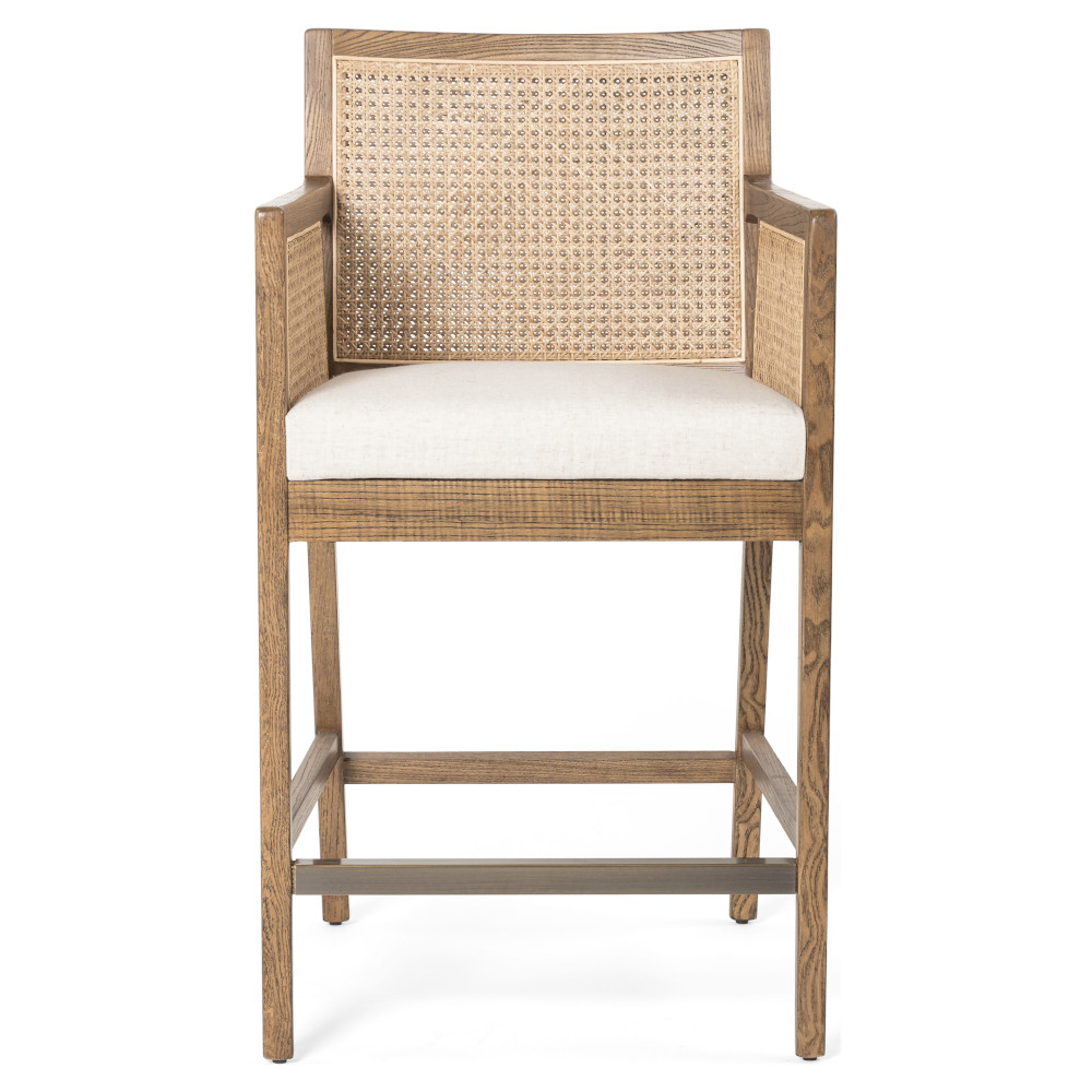 Annette Coastal Beach White Performance Natural Woven Cane Brown Wood Arm Counter Stool | Kathy Kuo Home