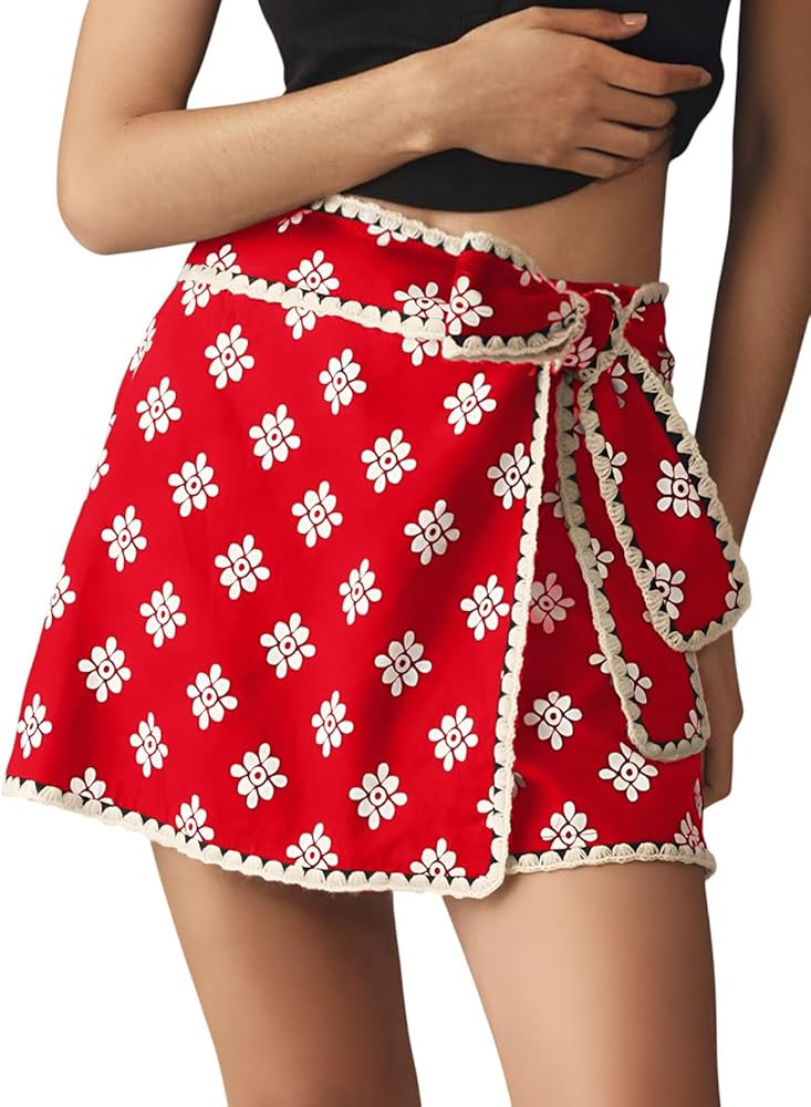 Mini Wrap Skort for Women Black Flowy Bodycon Print Shirt Short Elastic Waist Fall Casual Mini Sk... | Amazon (US)