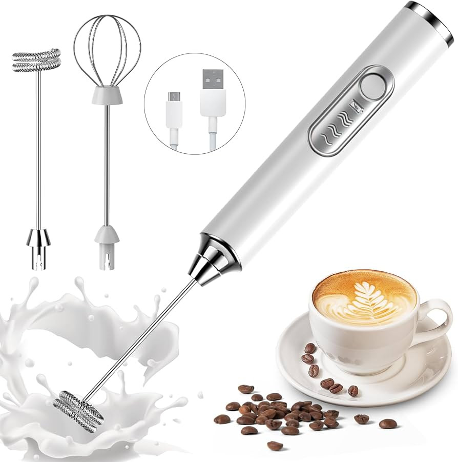 Rechargeable Milk Frother Handheld, White, Electric Whisk Coffee Frother Mixer with 2 Replaceable Stainless whisks, 3 Speeds, Electric Foam Maker for Coffee Matcha Latte Cappuccino Hot Chocolate | Amazon (US)