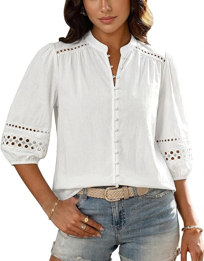Bsubseach Women Button Down Shirt 3/4 Puff Sleeve Dressy Casual Blouse Cotton Eyelet Boho Mandari... | Amazon (US)