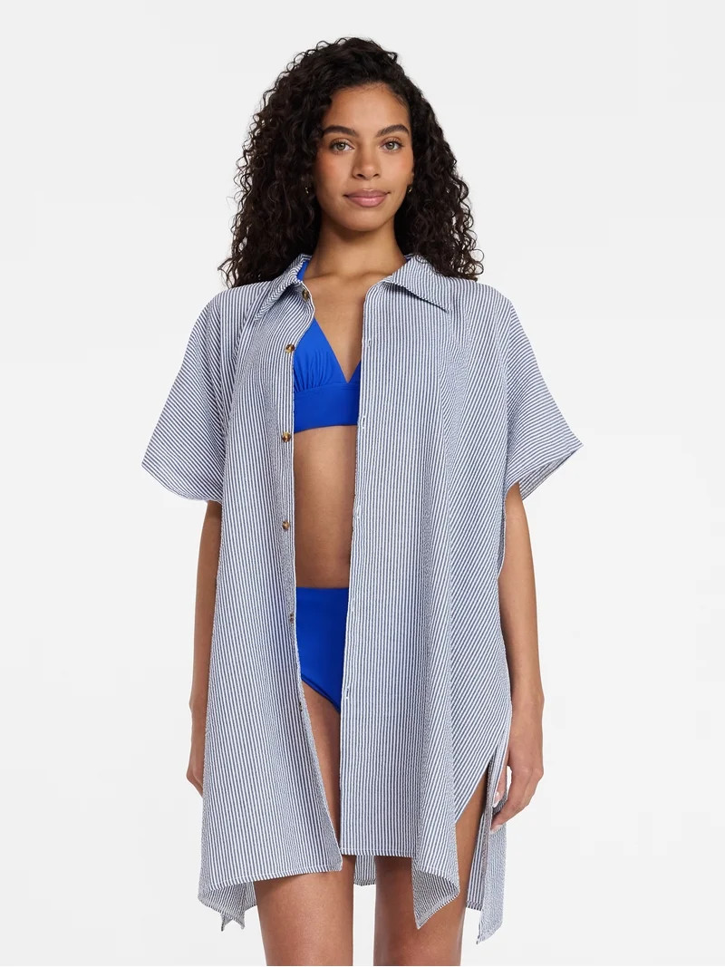 Time and Tru Women's Button Down Coverup, Sizes S/M, Blue/White | Walmart (US)