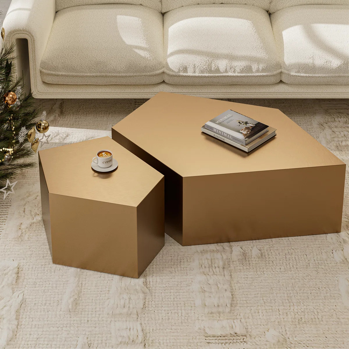 Modern Stainless Coffee Table, Set Of 2 Geometric Design Coffee Table For Living Room Bedroom Ant... | Wayfair North America