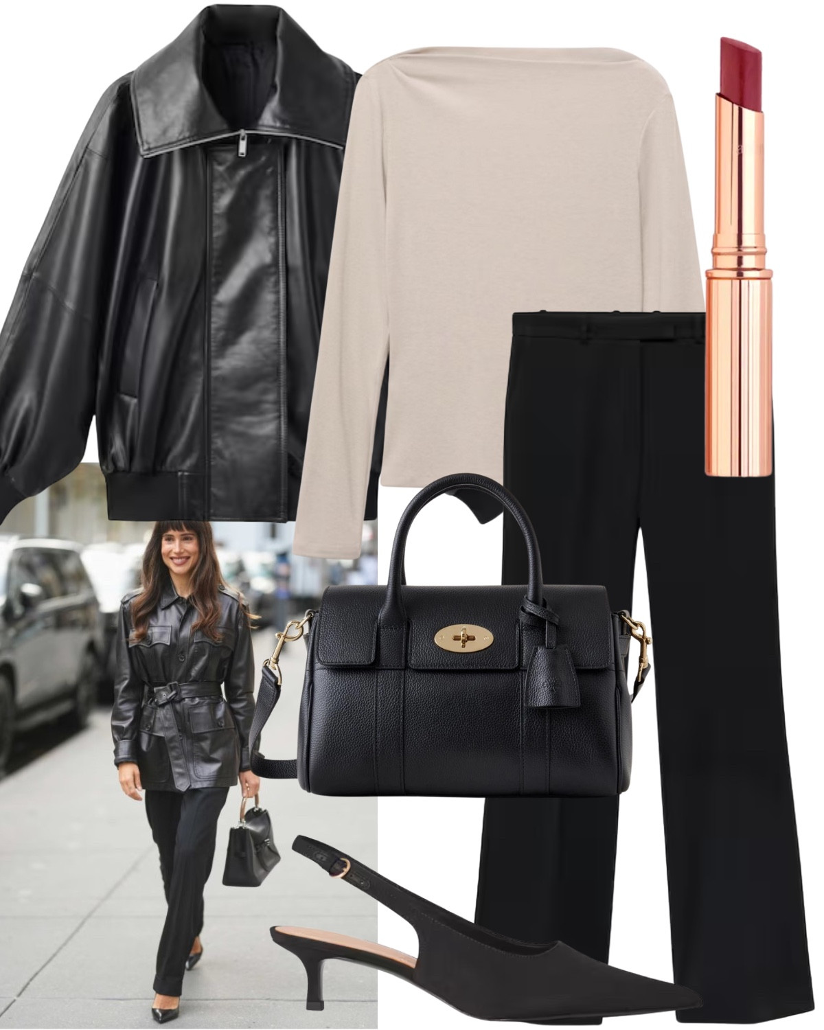 Oversized leather and sharp accessories. 

Oversized leather jacket, long sleeve top, flared trousers, slingback heel, top handle tote bag, red lipstick  

#LTKbag #LTKluxury #LTKautumn