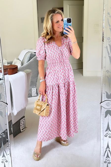 Pink and blue floral maxi dress with puff sleeves and elastic waist. Perfect for Mother’s Day, or any spring event! Fits TTS 

#LTKSeasonal #LTKover40 #LTKfindsunder100