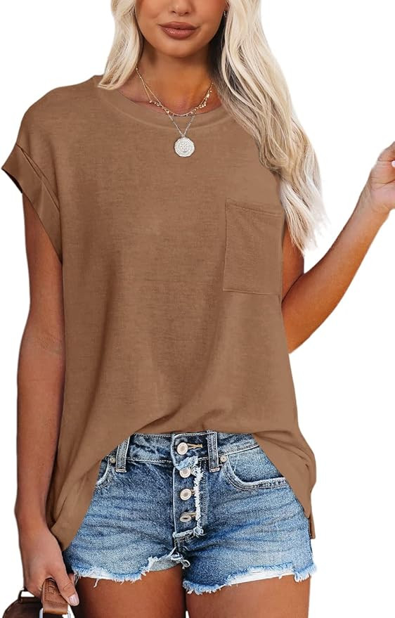 Women's Summer Casual Tops Cap Sleeve Oversized T Shirts Loose Fit Blouses | Amazon (US)