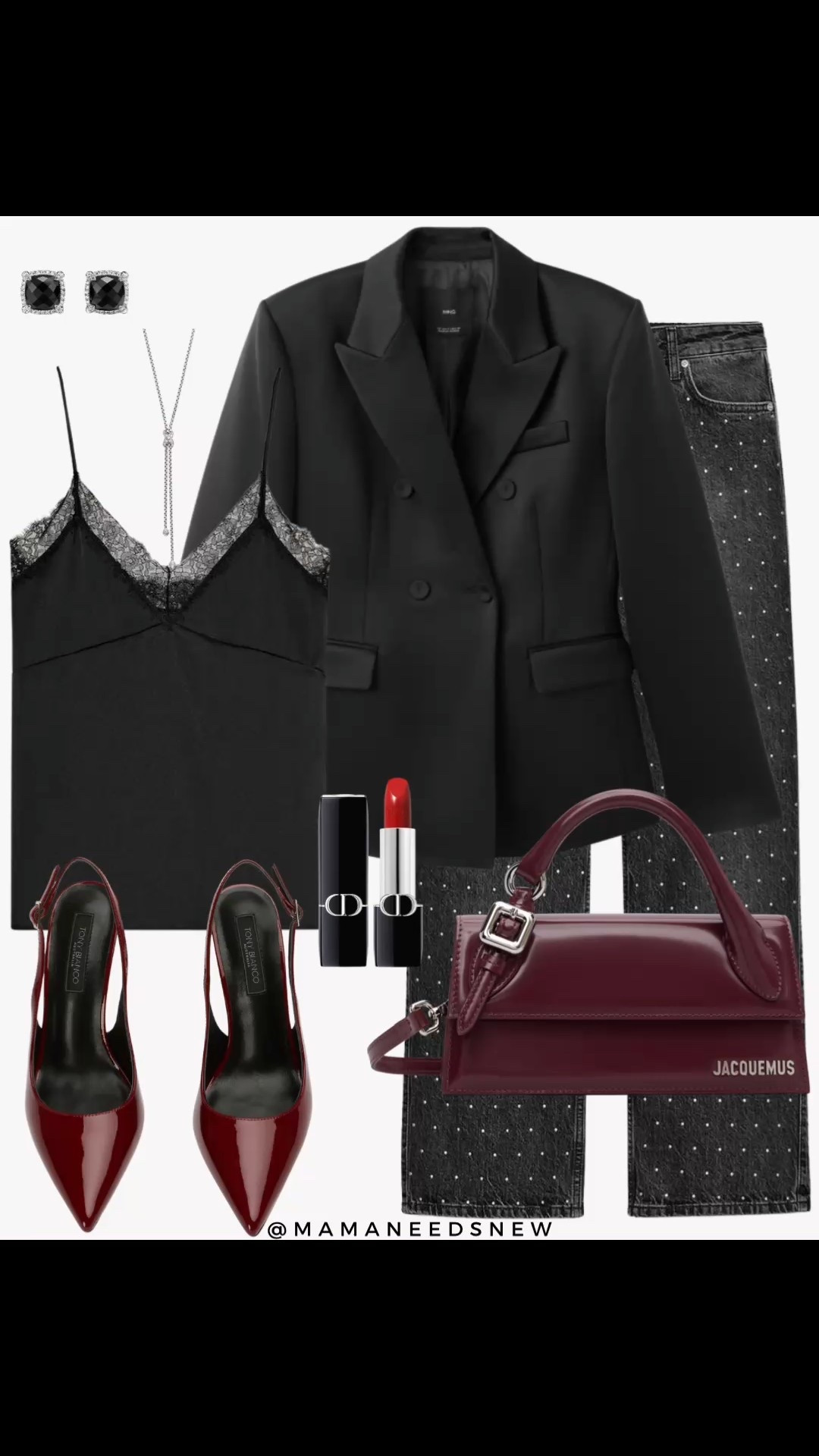 A dressy outfit for a holiday party with embellished jeans, satin & lace cami, satin blazer, heels, top handle bag 🖤

#LTKSaleAlert #LTKHoliday #LTKootd