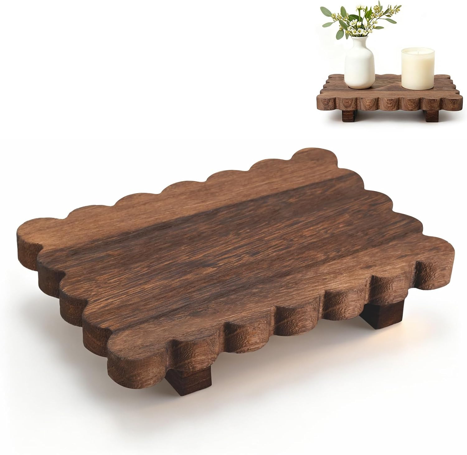 WBXZIXN Scalloped Wood Riser Tray，Farmhouse Bathroom Decorative Wood Pedestal Stand, Small Wooden Soap Stand for Soap Dispenser, Candle, Plant, Perfume, Rustic Kitchen Counter Sink Decor | Amazon (US)