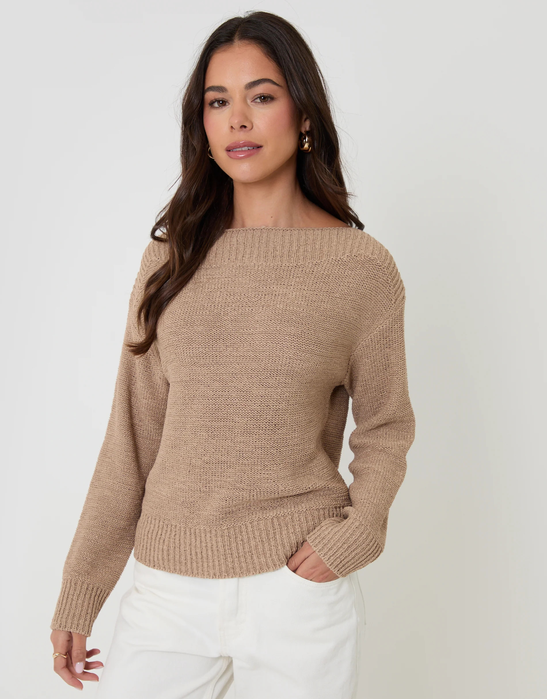 Taupe Knitted Yarn Slash Neck Jumper | Threadbare