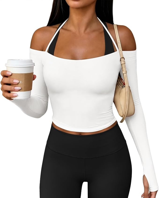 Yousify Womens Workout Tops Y2K Off Shoulder Long Sleeve Halter Gym Shirts | Amazon (US)