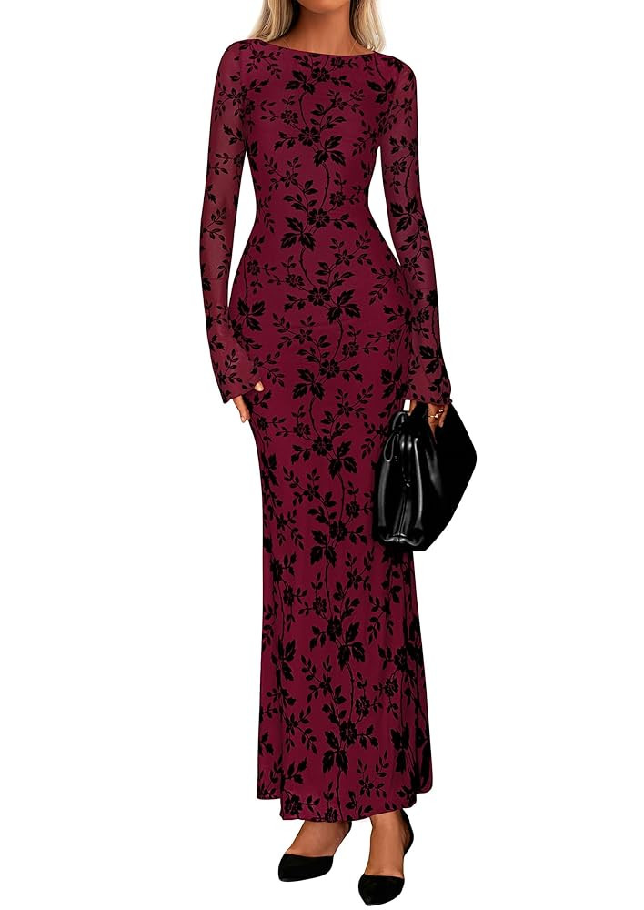 PRETTYGARDEN Women's Floral Bodycon Maxi Dress 2025 Fall Elegant Mesh Long Sleeve Formal Wedding ... | Amazon (US)