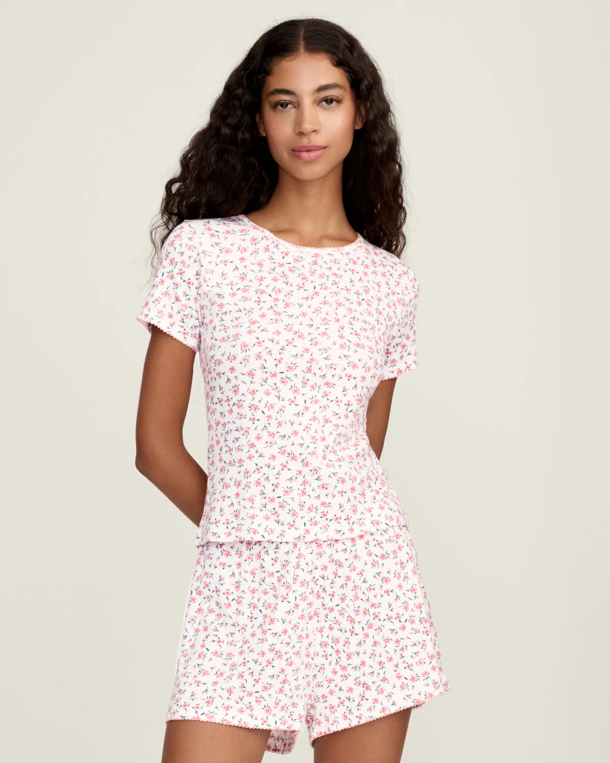 Women's Pointelle T-Shirt in Pink Floral | Petite Plume