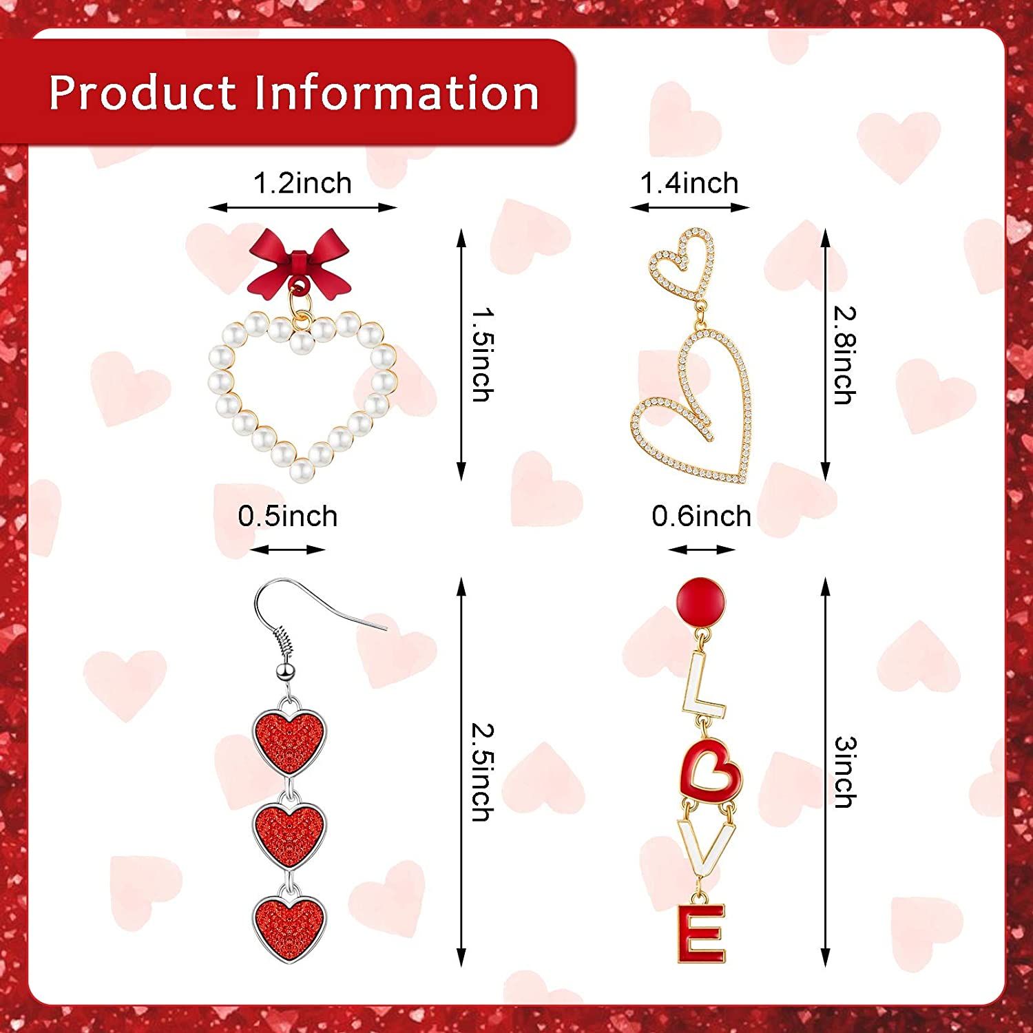 6 Pairs Valentines Day Earrings Heart Hoops Dangle Earrings Bow Artificial Pearl Earrings Love Ea... | Amazon (US)