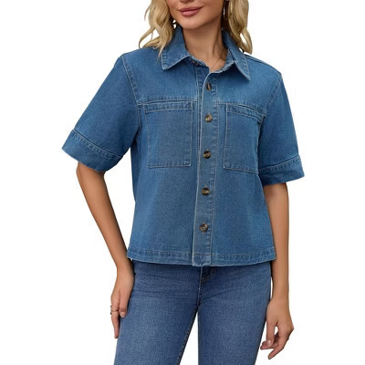 INSPIRE CHIC Women's Short Sleeve Denim Button Down Turndown Collar Casual Jean Jackets Blue Medium | Target