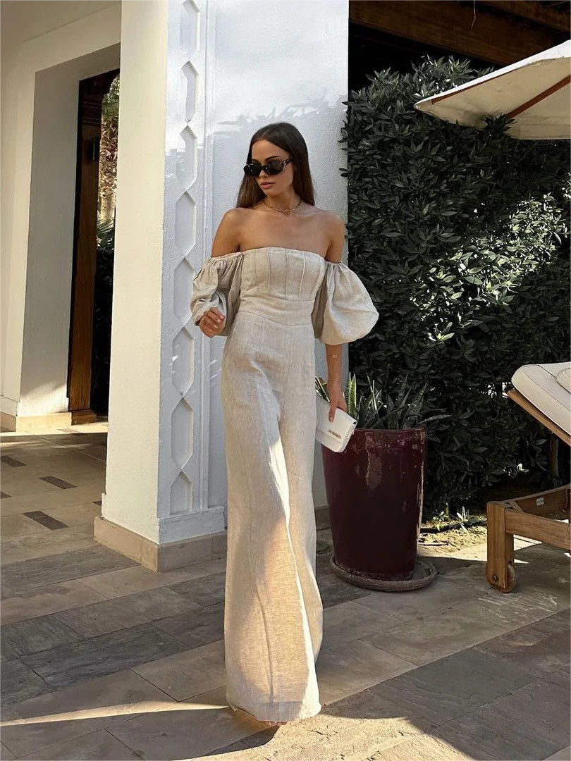 Linen Blends Puff Sleeve Jumpsuit | Commense
