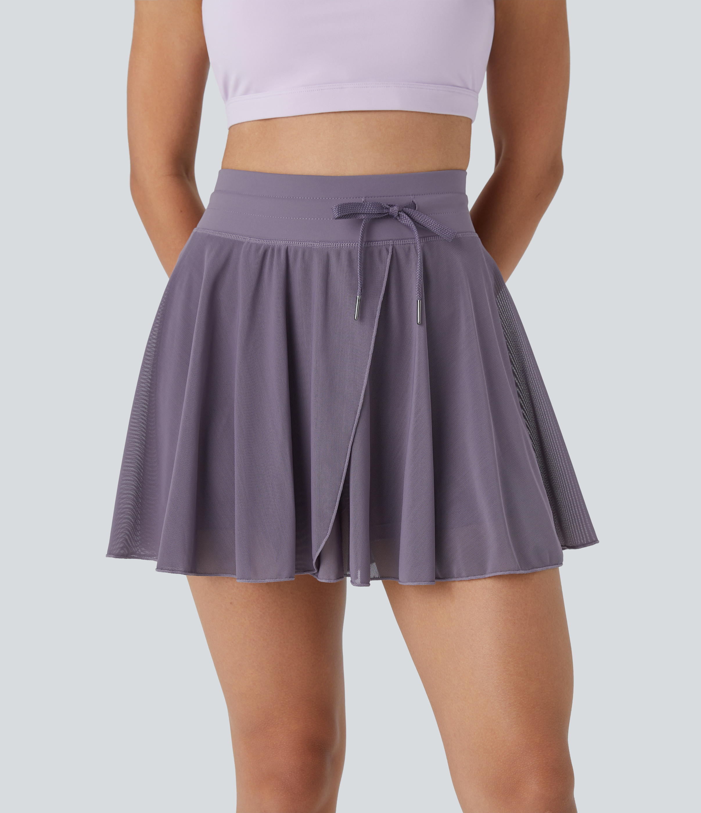 Halara High Waisted Drawstring Contrast Mesh 2-in-1 Pocket Flowy Mini Flare Casual Skirt  - Stardust Mauve - XS midi skirt a line skirt | HALARA