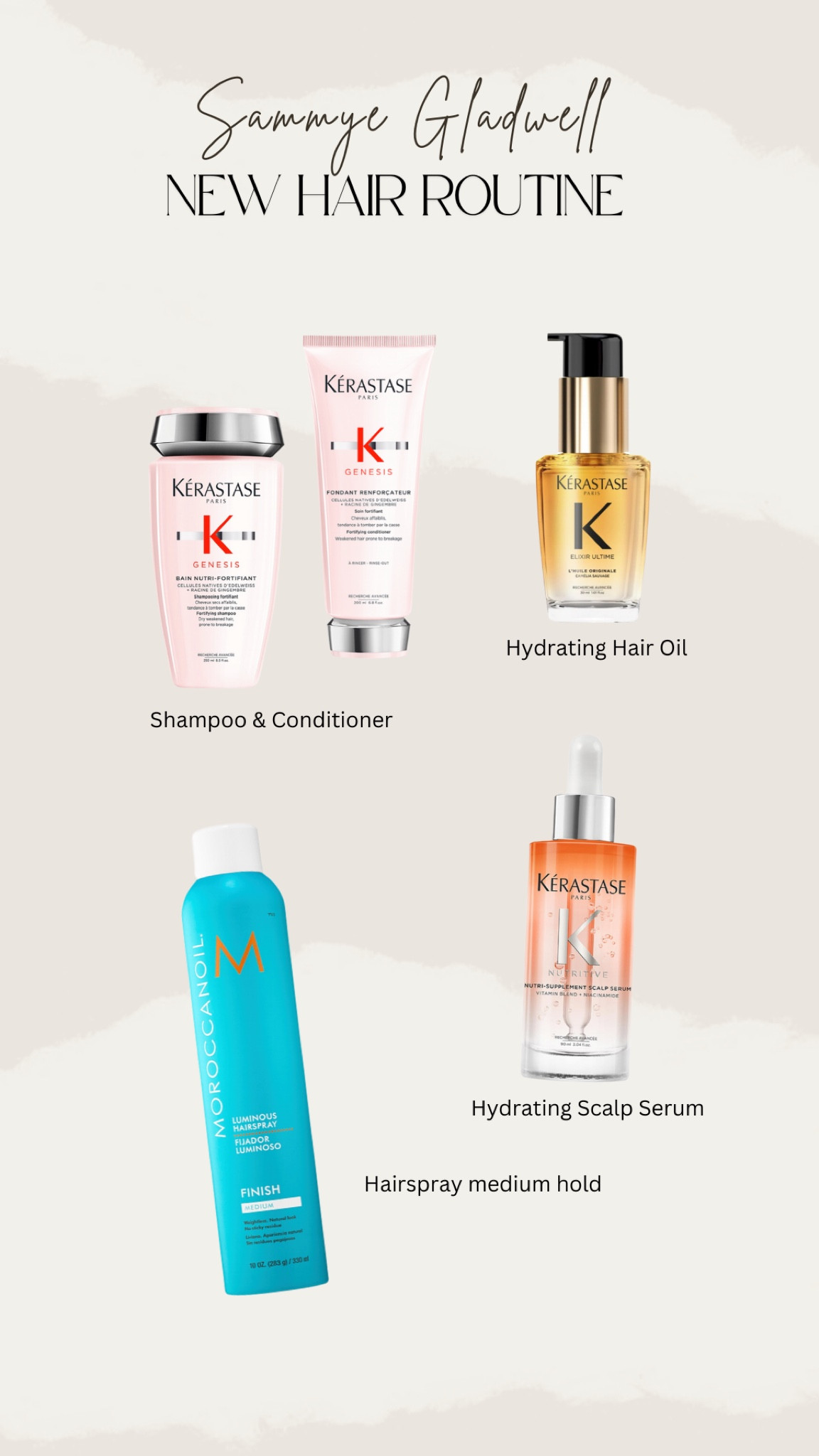 New Hair Routine Kerastase Shampoo and Conditioner Hydrating Hair Oil Scalp Serum and Medium Hold Moroccan oil Hairspray 

#LTKBeauty #LTKSaleAlert #LTKFindsUnder50