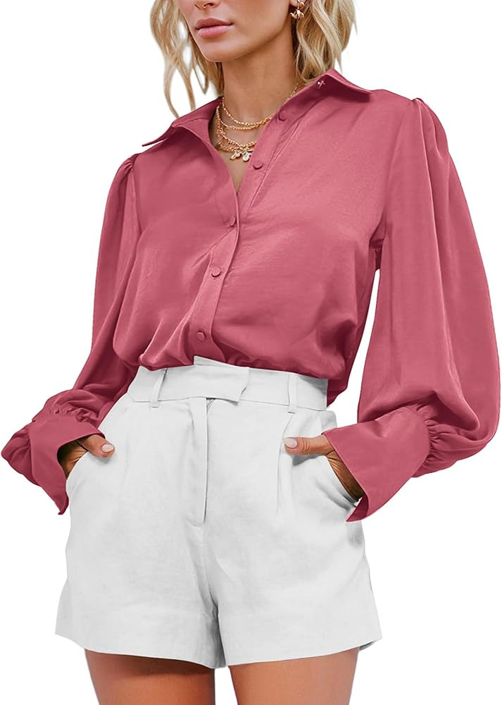 BTFBM Women Satin Button Down Shirts Summer Fall Lantern Long Sleeve Lapel V Neck Blouse Loose Ca... | Amazon (US)