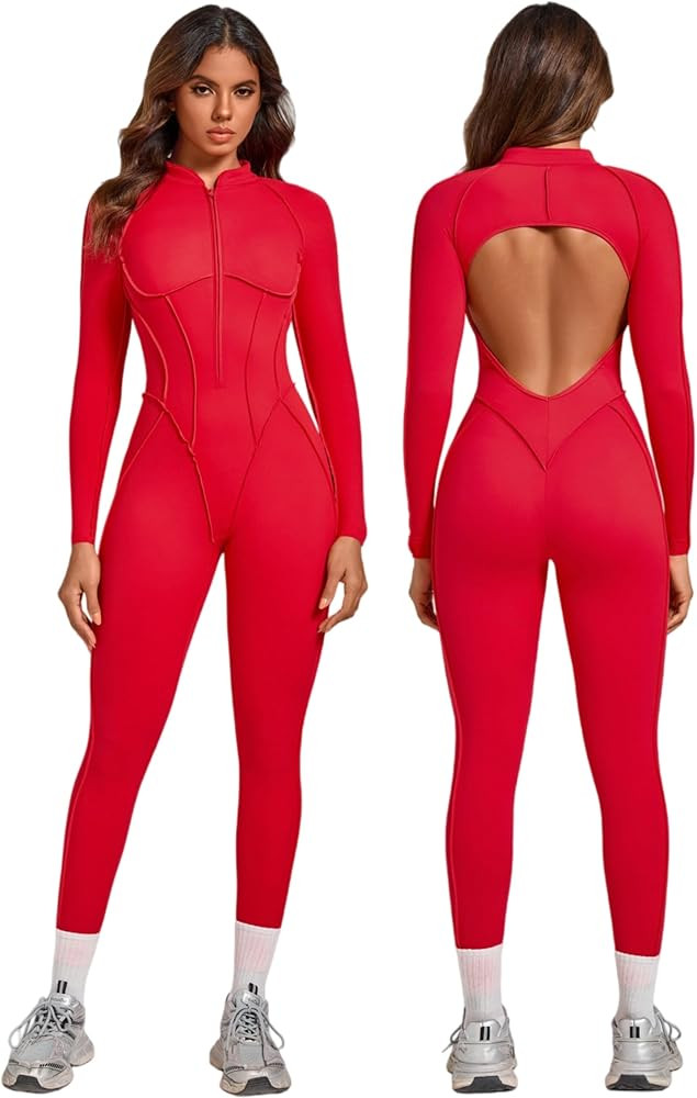 ABOCIW Womens Zipper Long Long Sleeve Workout Jumpsuit Contouring Seams Backless Bodysuit Yoga Ro... | Amazon (US)