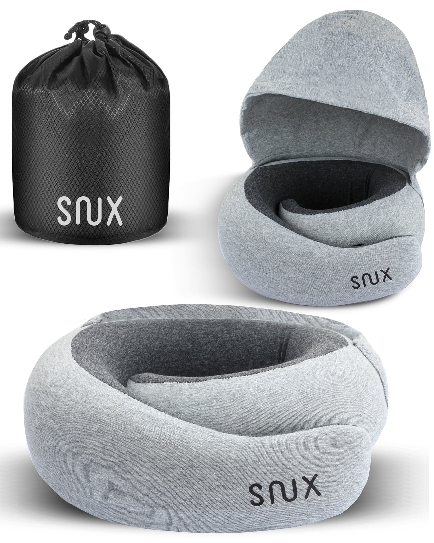 Snux Travel Neck Pillow with Hood - 360 Neck Support - Memory Foam - Hooded Travel Pillow (Gray) | Walmart (US)