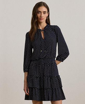 Lauren Ralph Lauren Women's Polka-Dot Jersey Tiered Tie-Neck Dress - Macy's | Macy's